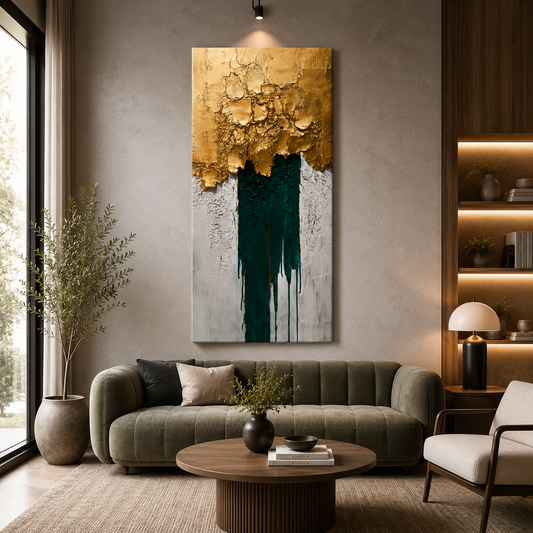 Emerald Cascade Abstract Wall Art – Luxury Gold & Green Canvas Painting