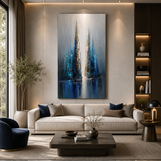Azure Skyline Abstract Wall Art – Modern Blue Cityscape Canvas