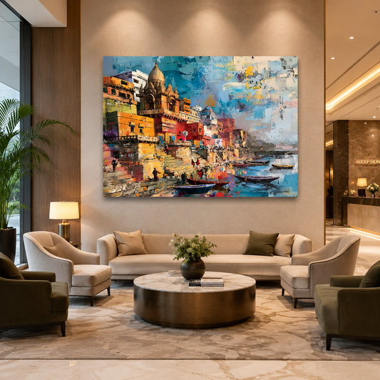 Banaras Ghats Decorative Wall Canvas Painting for Modern Homes