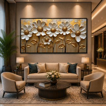 Luxury White & Gold Floral Wall Art Canvas for Elegant Interiors