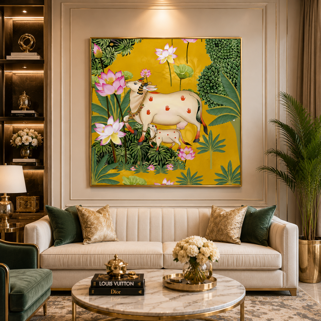 Sacred Cow & Lotus Garden Traditional Canvas Wall Art