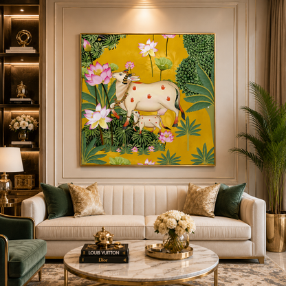 Sacred Cow & Lotus Garden Traditional Canvas Wall Art
