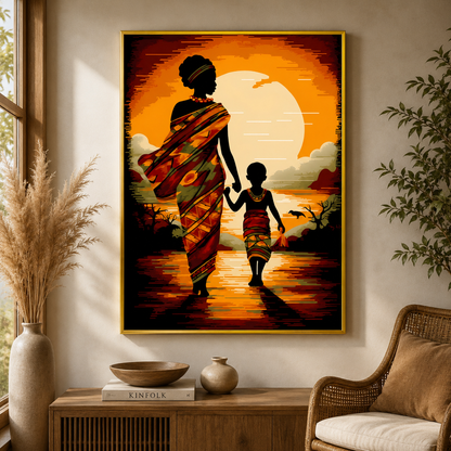 African Mother and Child Sunset Canvas Wall Art for Home Decor