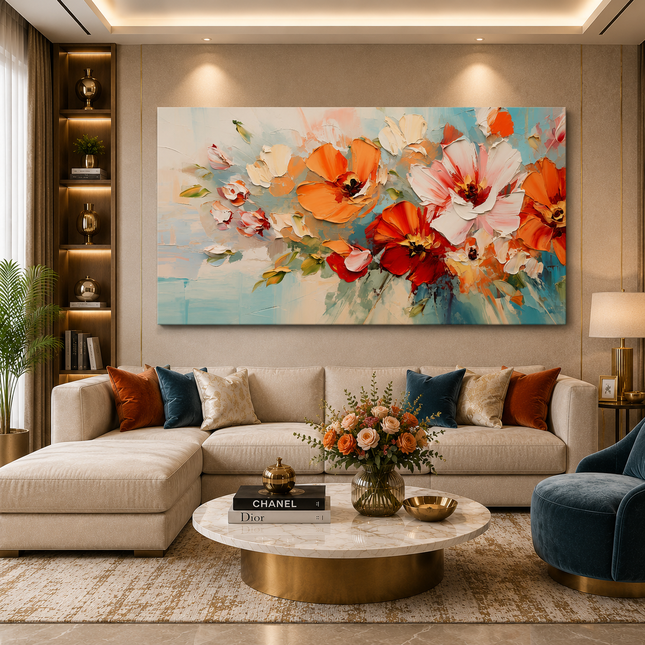 Modern Orange Floral Abstract Canvas Wall Art for Luxury Décor