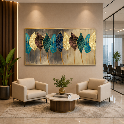 Luxury Gold & Blue Leaf Abstract Wall Art for Modern Interiors