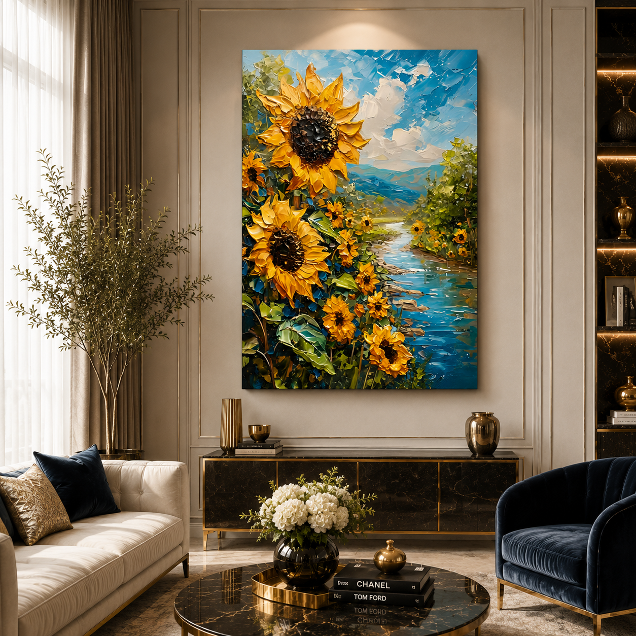 Sunflower River Landscape Canvas Wall Art for Modern Office Décor