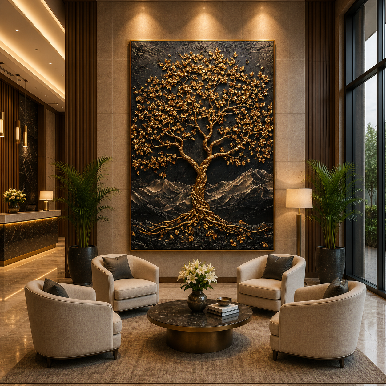 Golden Lucky Wish Tree Canvas Painting for Home Wall Decor