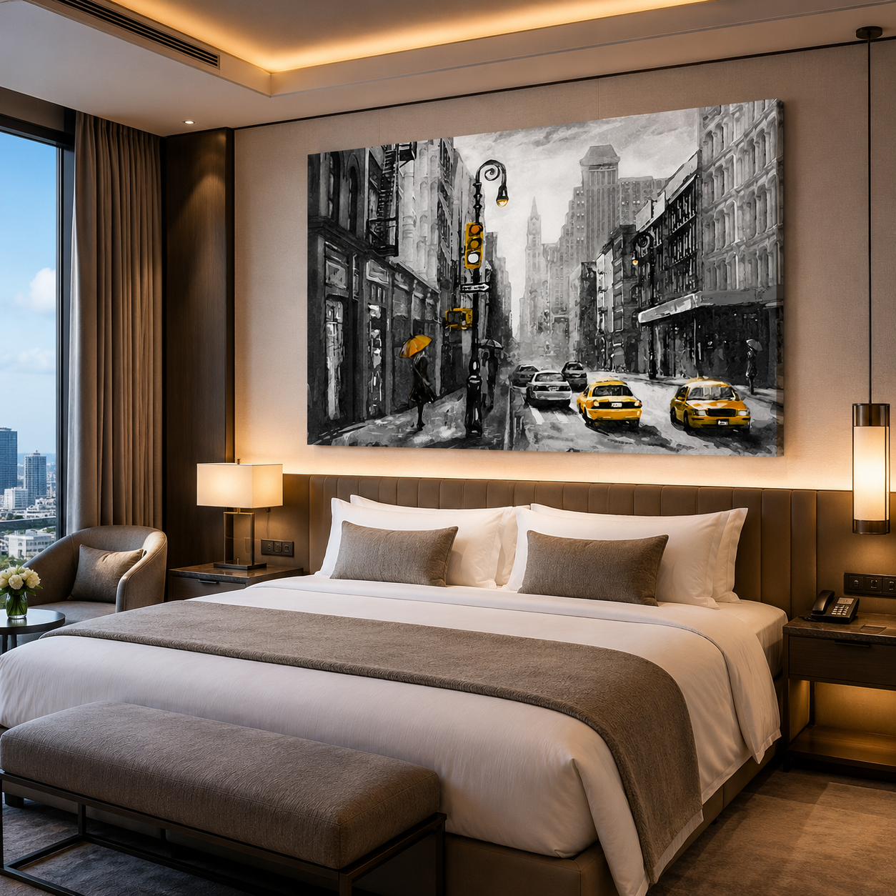 Black White Cityscape Canvas Art with Yellow Taxi Wall Decor