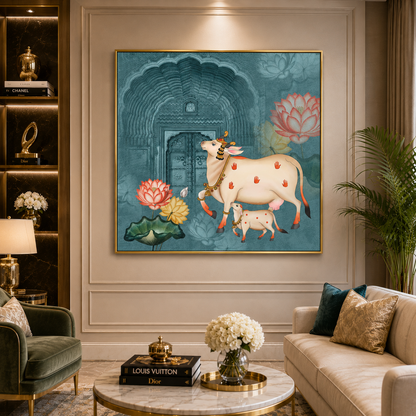 Sacred Cow & Lotus Temple Heritage Canvas Wall Art