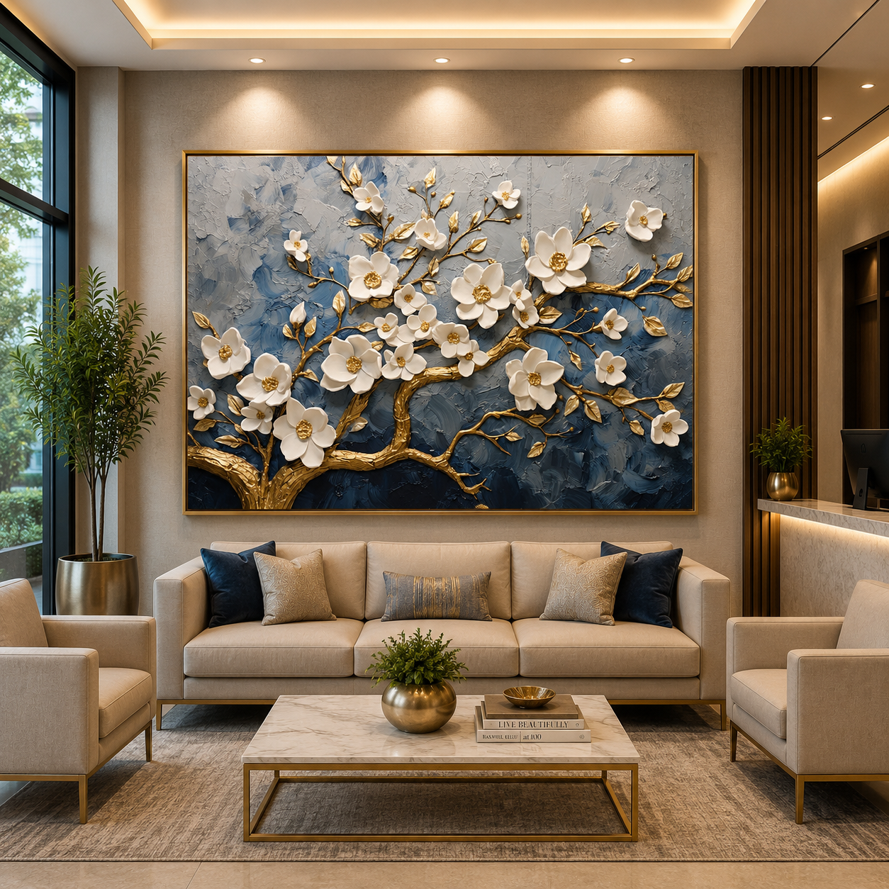 Luxury White Blossom Tree Canvas Wall Art with Gold Accents Decor
