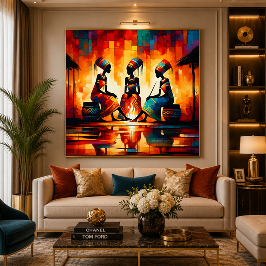 African Tribal Women Around Campfire Canvas Wall Art for Decor
