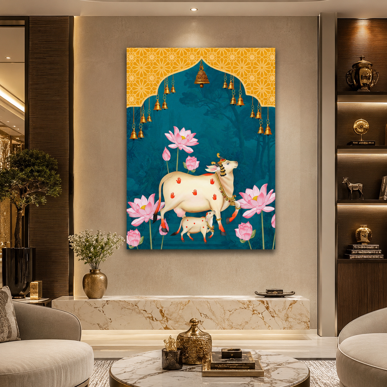 Sacred Cow & Lotus Temple Bells Heritage Wall Art