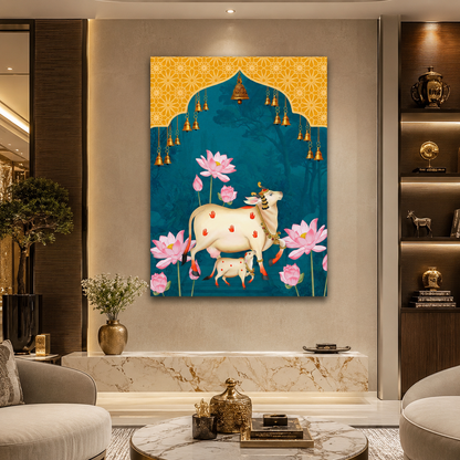 Sacred Cow & Lotus Temple Bells Heritage Wall Art