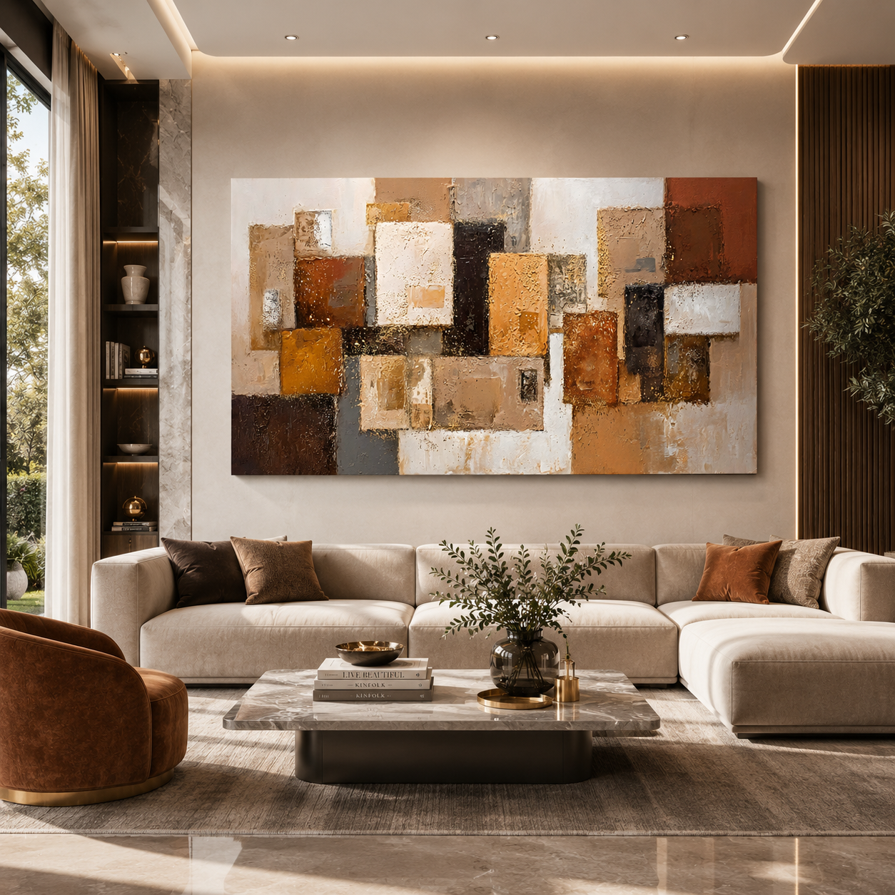 Elegant Neutral Abstract Blocks Canvas Wall Art Painting