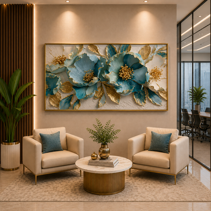 Luxury Teal & Gold Floral Wall Art Canvas for Elegant Interiors
