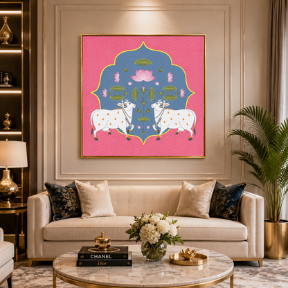 Elegant Pink Lotus & Sacred Cow Symmetrical Wall Art