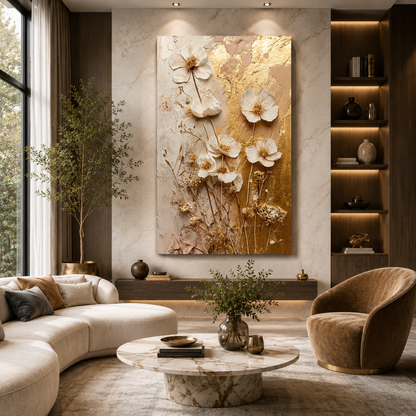 Golden Wildflower Vertical Canvas Wall Art for Luxury Interiors