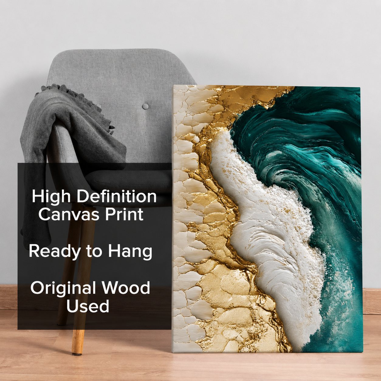 Luxury Ocean Wave Abstract Canvas Wall Art with Gold Accents