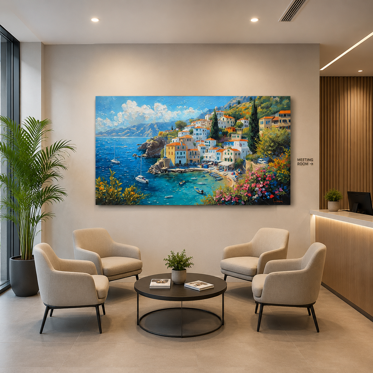 Scenic Coastal Village Canvas Painting for Elegant Home Decor