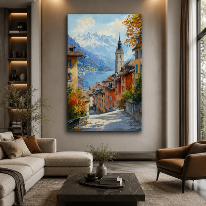Scenic European Village Landscape Canvas Wall Art