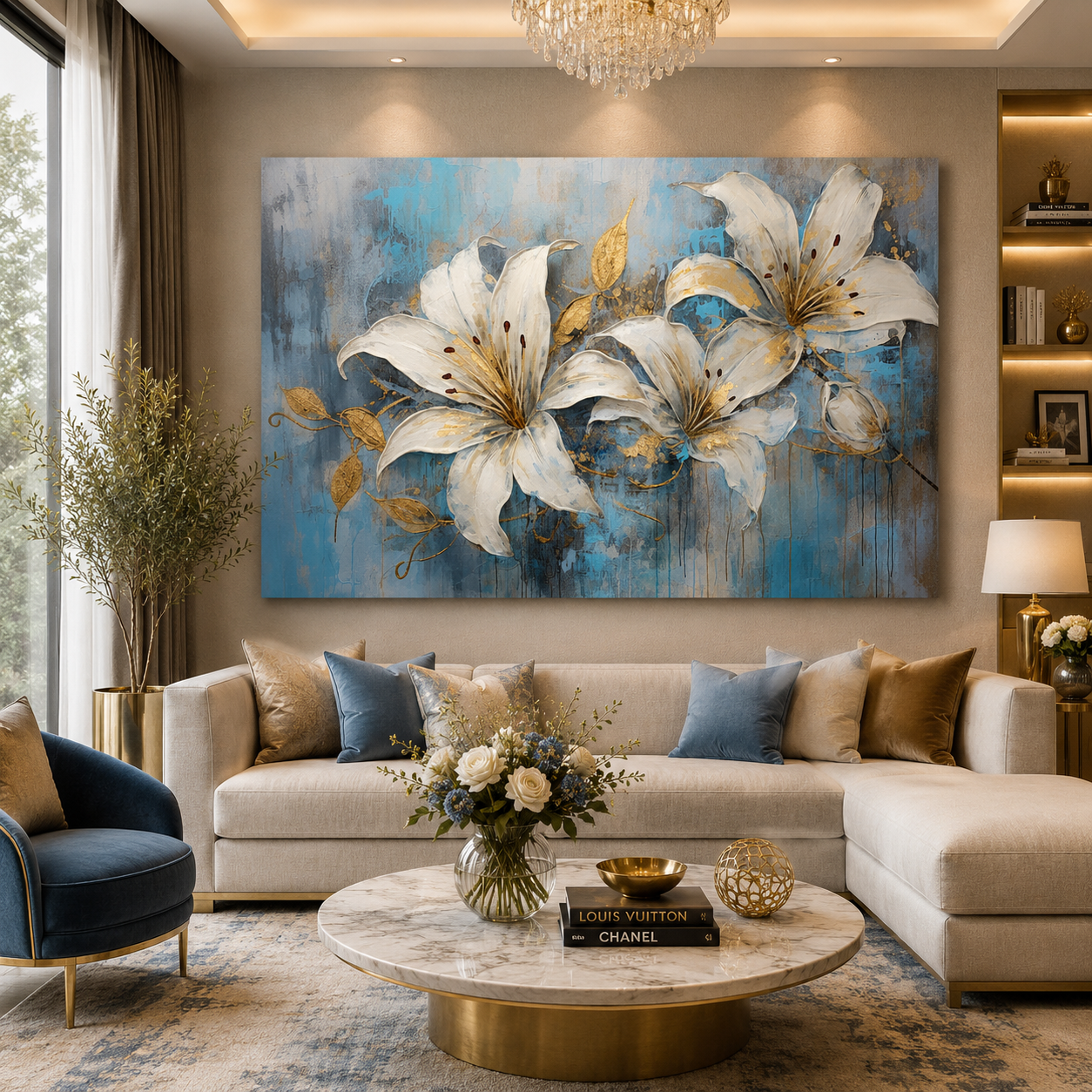Elegant White Lily Canvas Wall Art with Blue & Gold Accents Decor