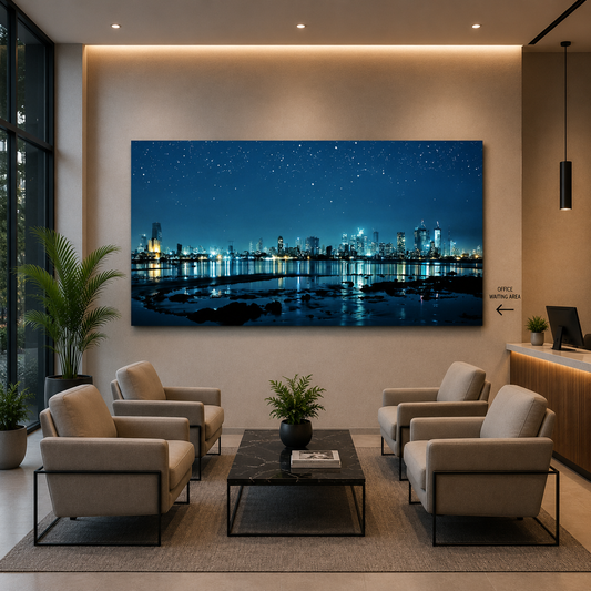 Luxury Night City Skyline Canvas Wall Art with Golden Frame