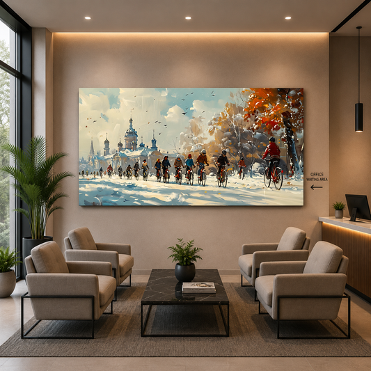 Winter Cycling Cityscape Canvas Wall Art for Modern Décor