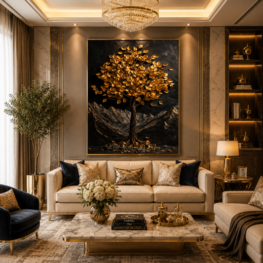 Golden Wish Tree Wall Art Painting for Luxury Home Decor