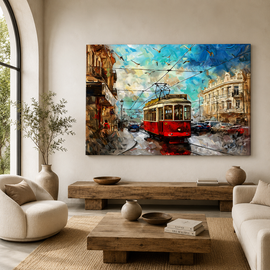 Vintage Red Tram Cityscape Canvas Wall Art Painting