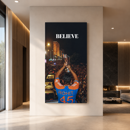 Rohit Sharma Believe Motivational Cricket Wall Art Canvas Print