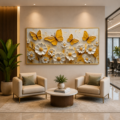 Luxury Golden Butterfly & Floral Abstract Wall Art Canvas Decor