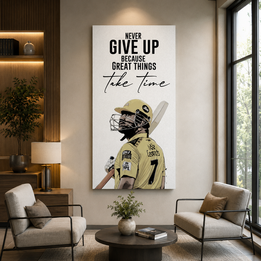 MS Dhoni Never Give Up Motivational Cricket Canvas Wall Art