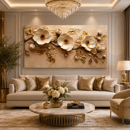 Luxury White & Gold Floral Canvas Wall Art for Elegant Spaces
