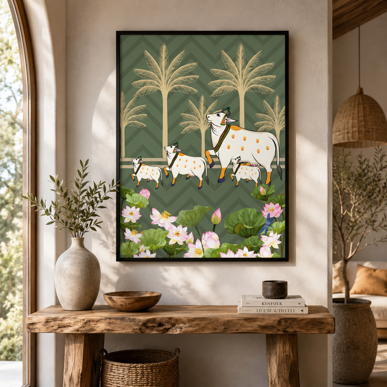 Pastoral Sacred Cow & Lotus Garden Traditional Canvas Wall Art