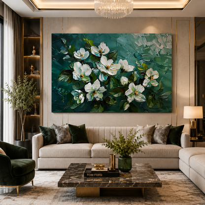 Elegant White Magnolia Floral Canvas Wall Art in Emerald Green Tones