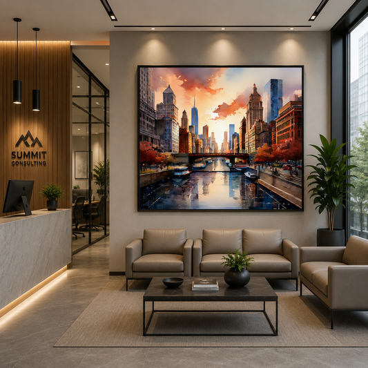 Modern City Skyline Canal Canvas Wall Art Painting