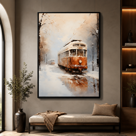 Vintage Winter Tram Canvas Wall Art