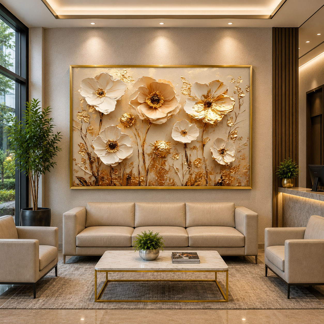 Luxury White & Gold Floral Canvas Wall Art for Elegant Interiors