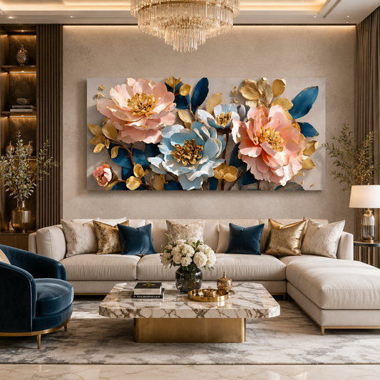 Luxury Blue & Blush Floral Wall Art Canvas for Modern Interiors