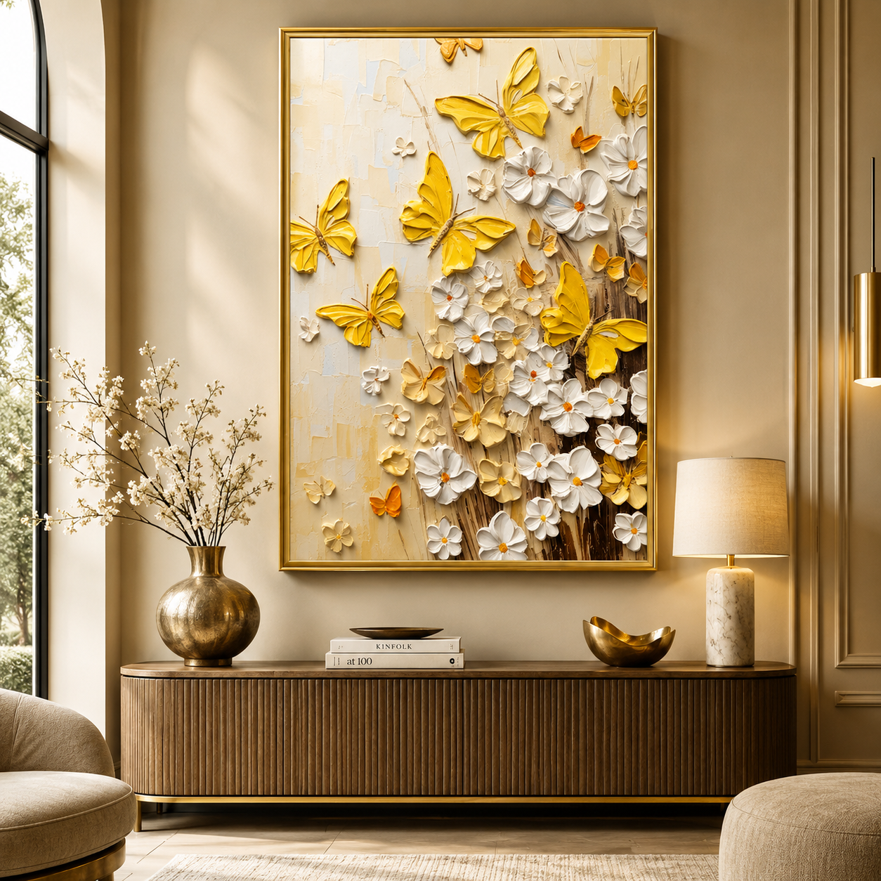 Golden Butterfly & White Floral Canvas Wall Art for Elegant Décor