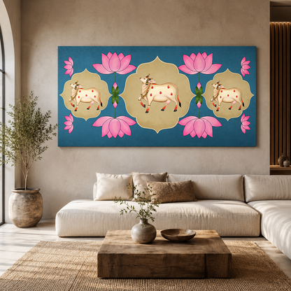 Sacred Cow & Lotus Traditional Wall Art with Golden Frame