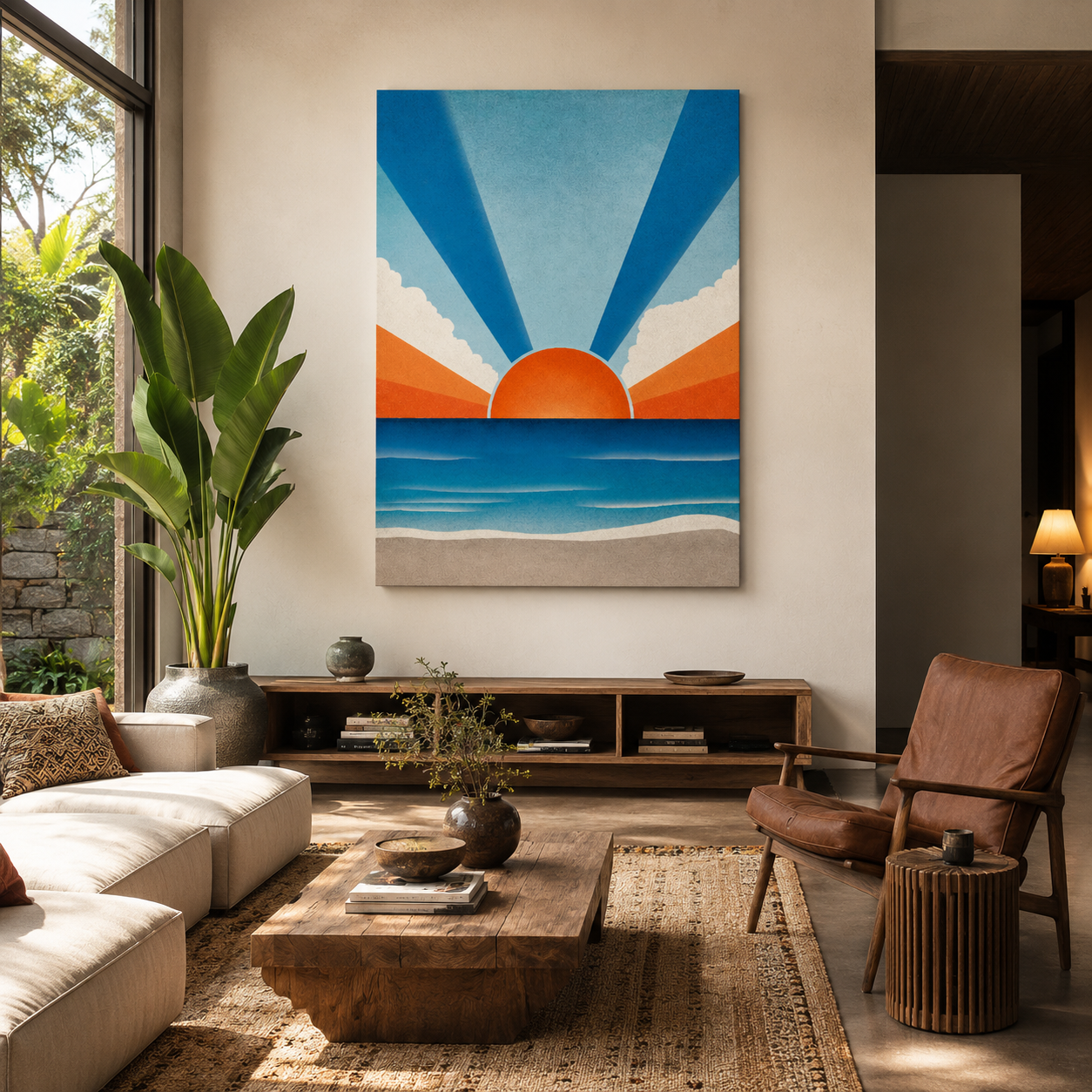 Retro Coastal Sunset Wall Art Canvas for Modern Living Room Decor