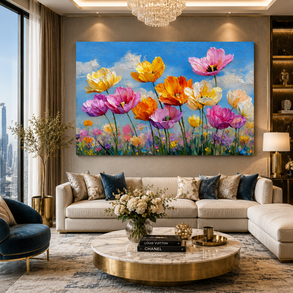 Colorful Wildflower Meadow Canvas Wall Art with Gold Framed Beauty