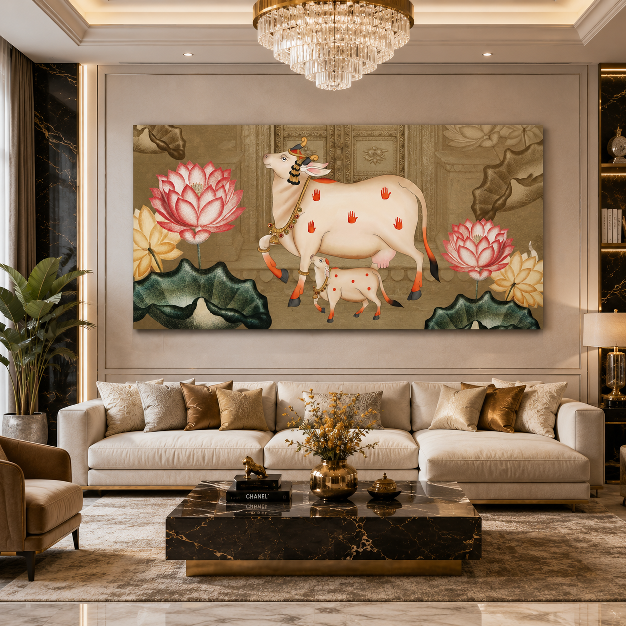 Sacred Cow & Lotus Floral Traditional Canvas Wall Art