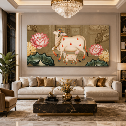 Sacred Cow & Lotus Floral Traditional Canvas Wall Art