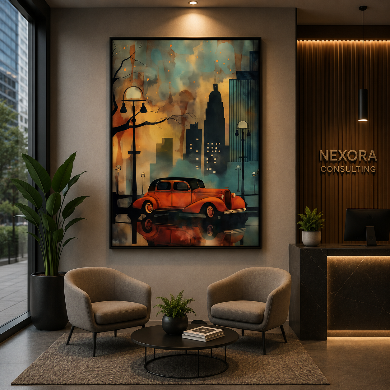 Vintage Red Car Cityscape Canvas Wall Art