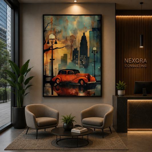 Vintage Red Car Cityscape Canvas Wall Art