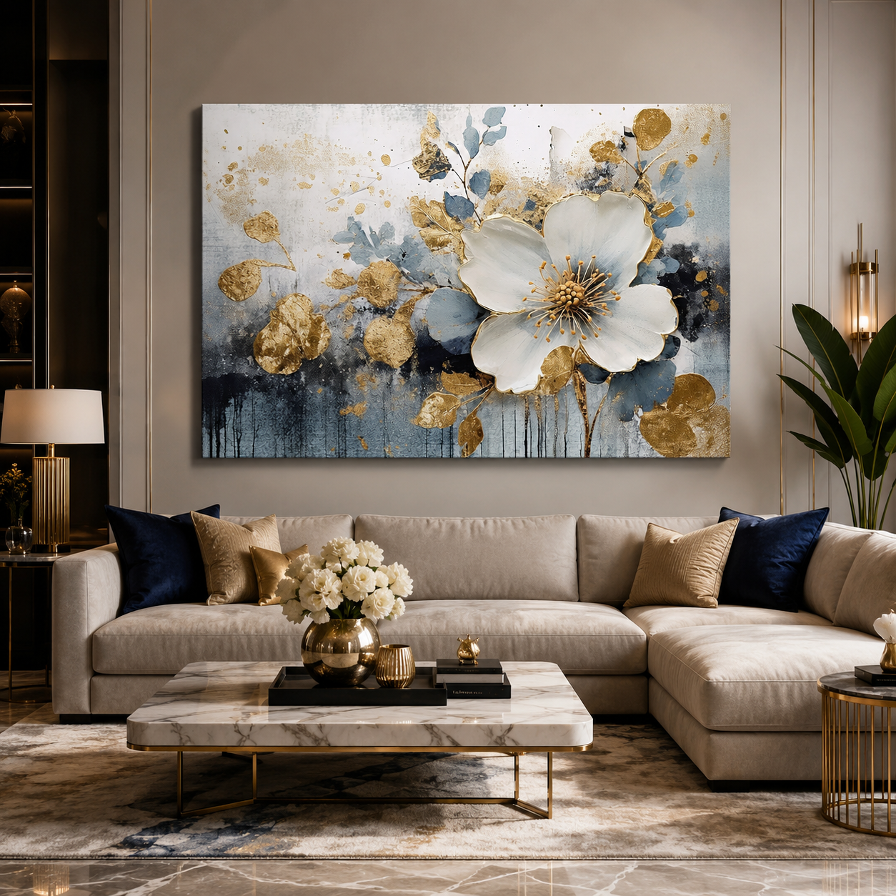 Luxury White Floral Canvas Wall Art with Gold & Blue Accents