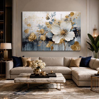 Luxury White Floral Canvas Wall Art with Gold & Blue Accents