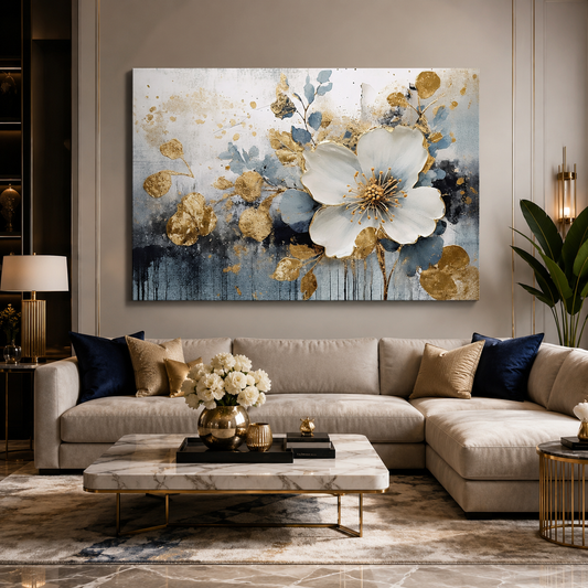 Luxury White Floral Canvas Wall Art with Gold & Blue Accents